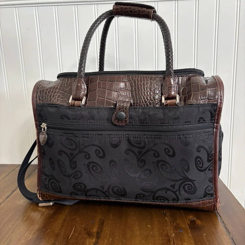 Brighton Lansky Black & Brown Croc Travel Duffel Weekender Bag Toiletry Makeup
